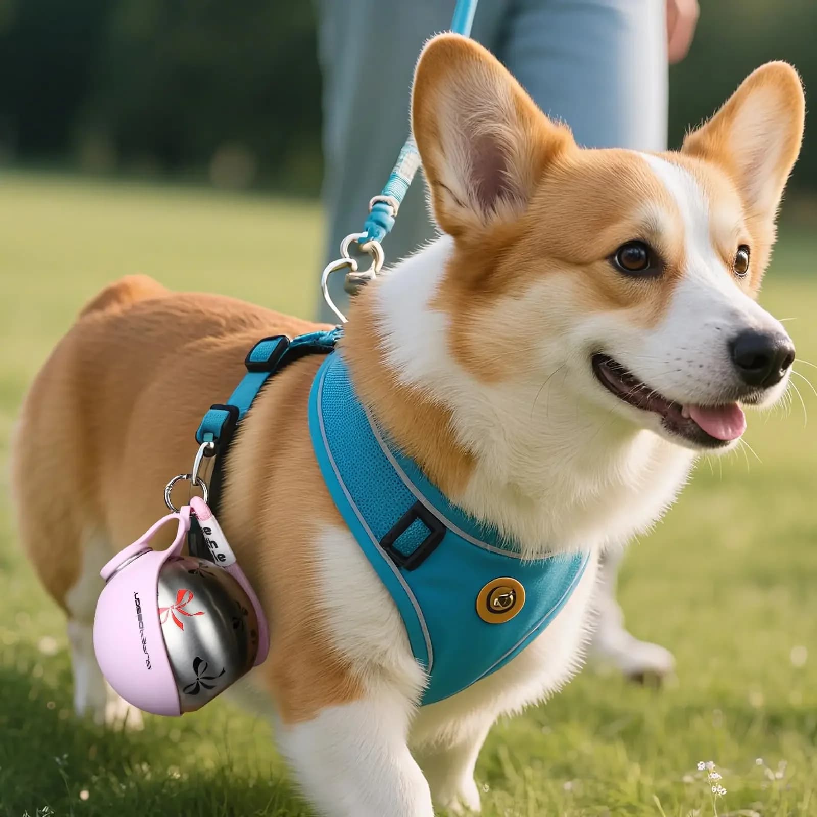 Corgi mit PfotenQuell Flasche am Gürtel – immer dabei