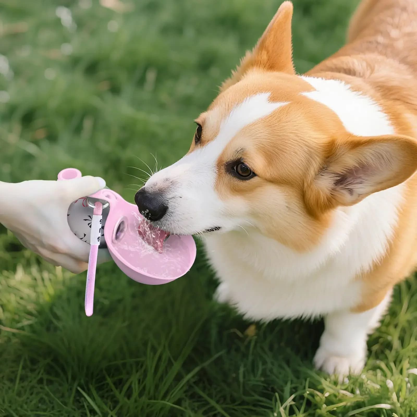 Corgi trinkt aus der rosa PfotenQuell Flasche auf der Wiese